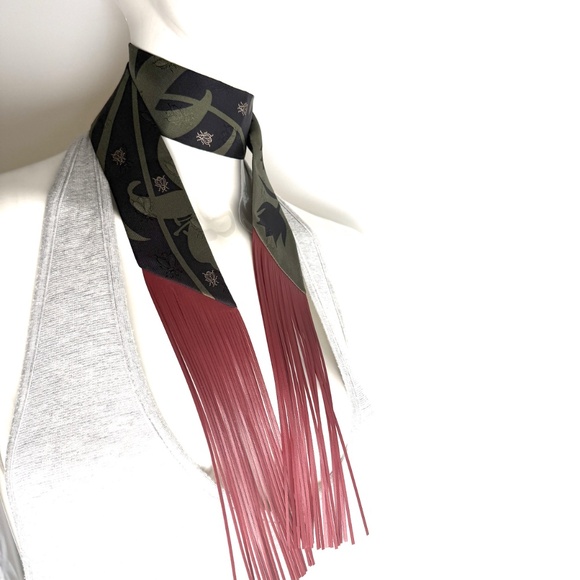 Sold on fashionreloved.com HERMES Silk Leather Rouge H Bouquet Fringed Twilly - Picture 2 of 10